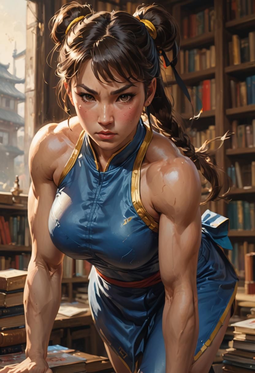 Detailed Oil Portrait of Chun-Li in Library