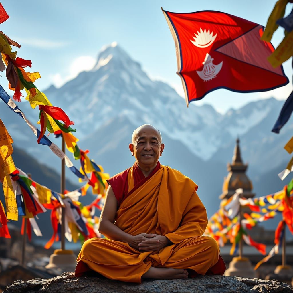 Meditating Monk Among Prayer Flags in Himalayas