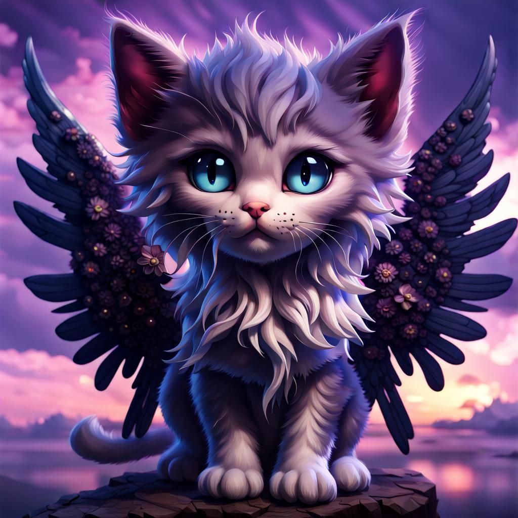 Chibi Kitten with Black Angel Wings in Anime Style
