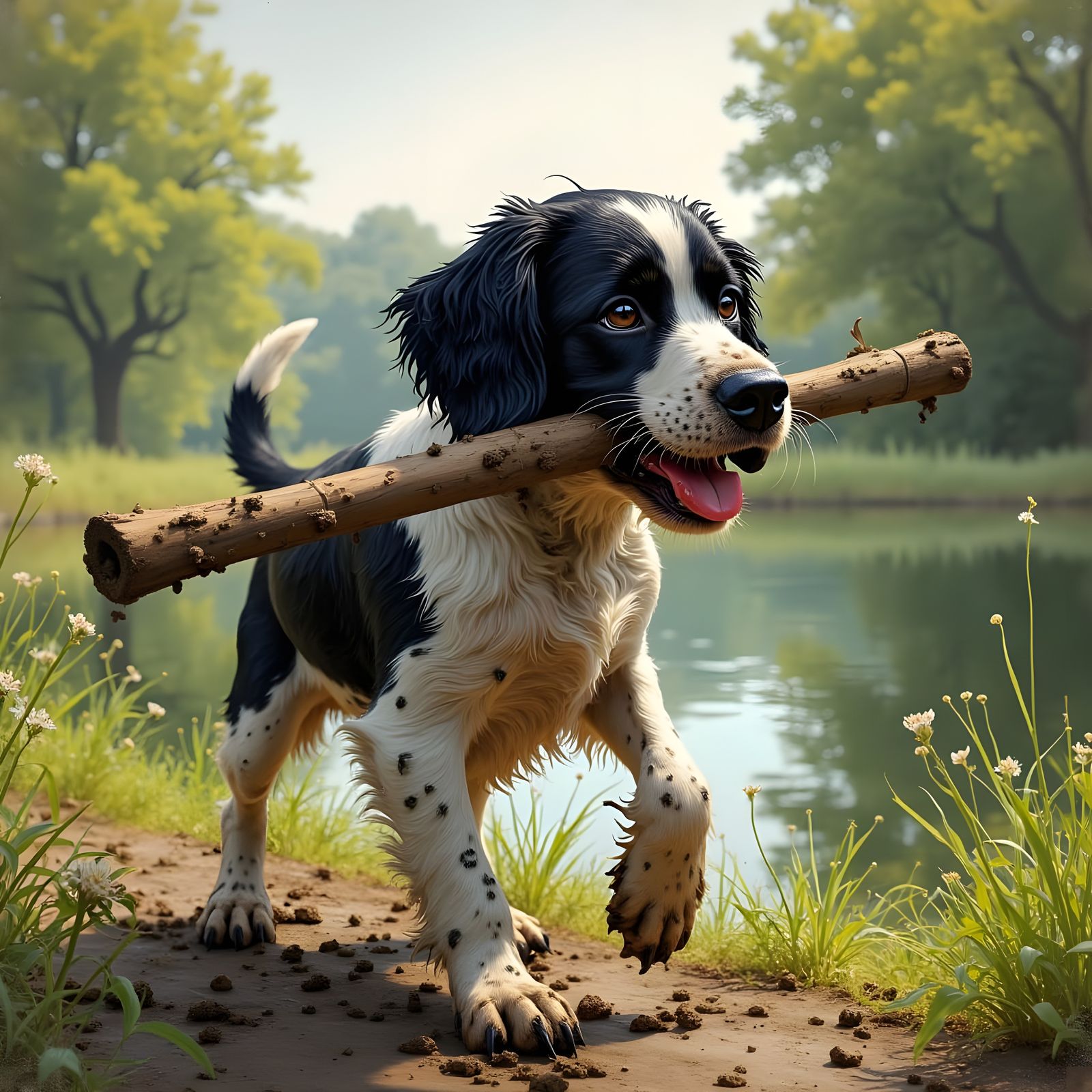Muddy Springer Spaniel with Stick in Countryside