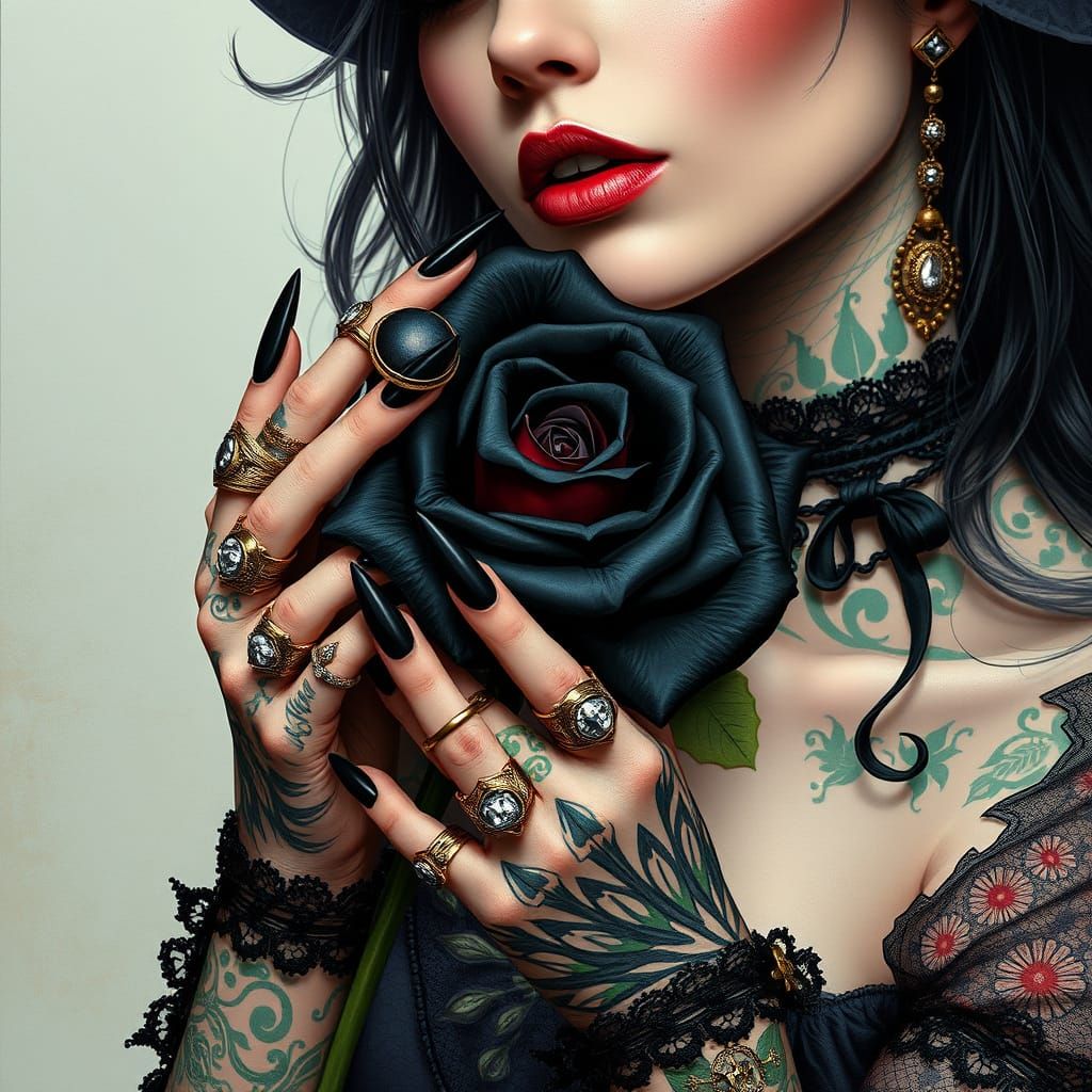Gothic Witch with Black Rose in Comic Style