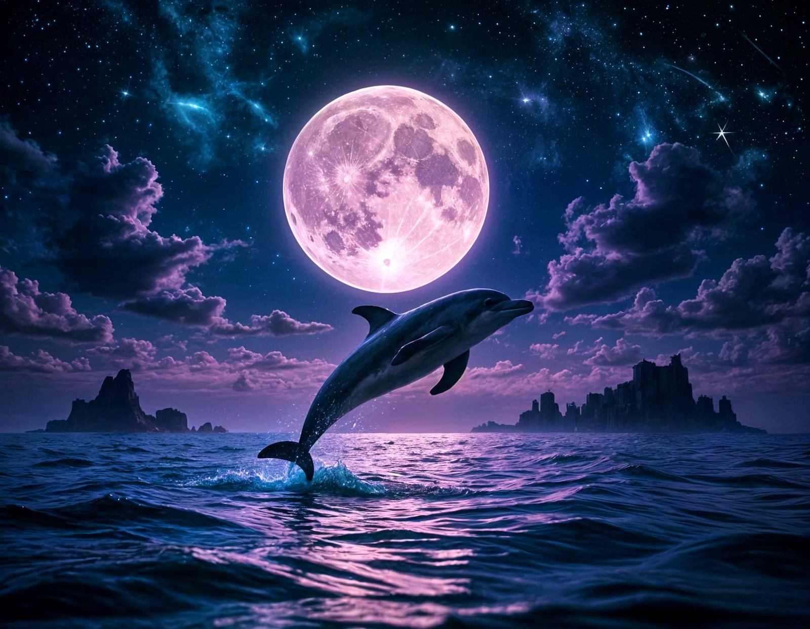 Moonlit Dolphin Leaps in Vibrant Nighttime Ocean Scene