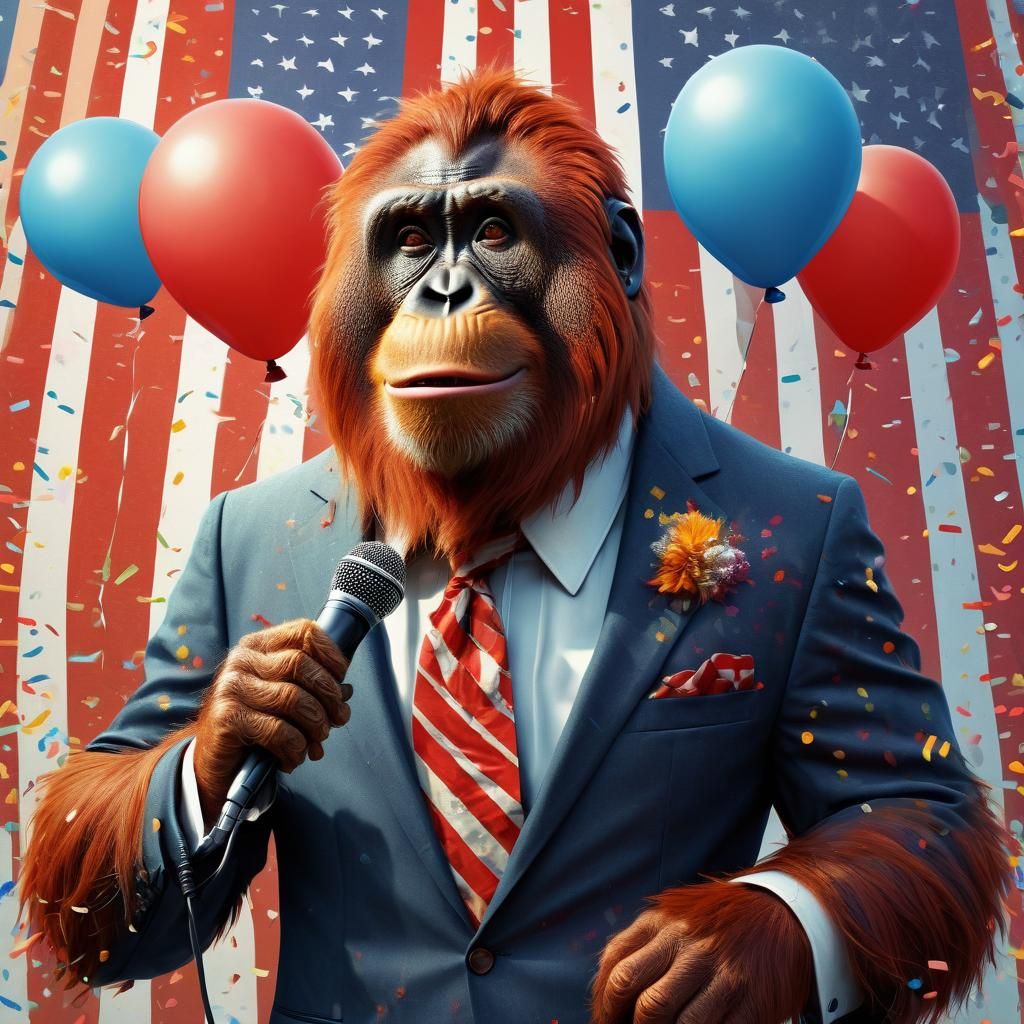 Orangutan Presidential Candidate in Satirical Cartoon Style