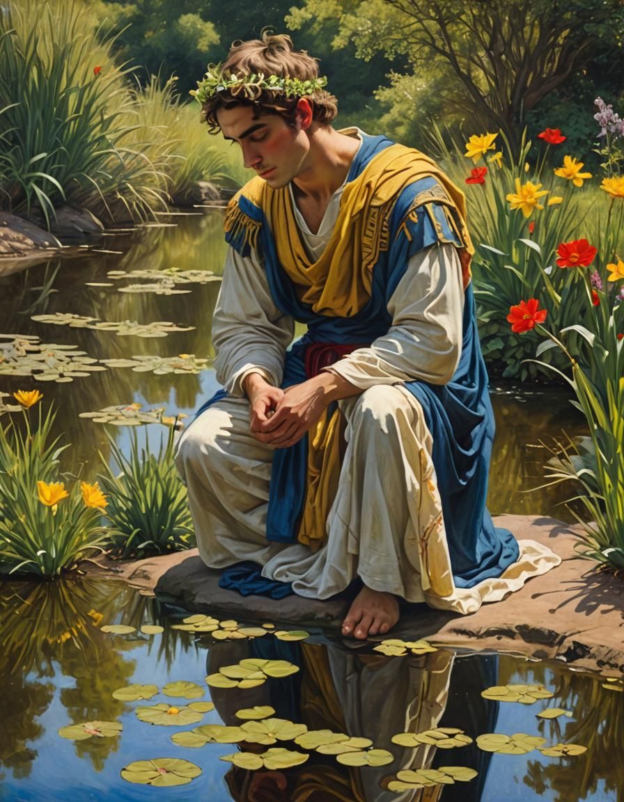 Narcissus Oil Painting in Pre-Raphaelite Style