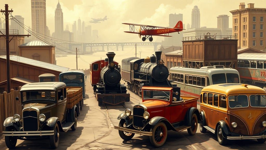 Vintage Transportation Hub in Sepia-Toned Cityscape