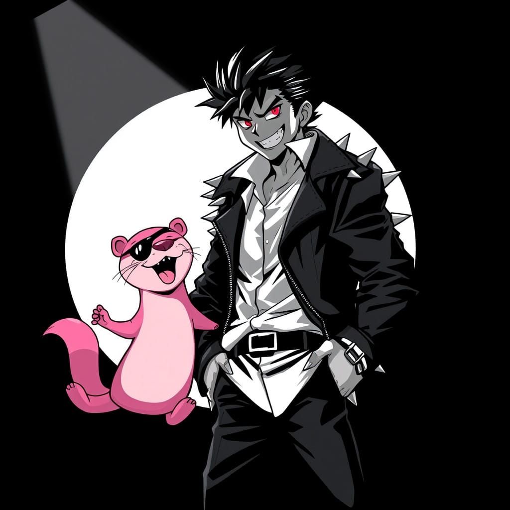 Surreal Anime Punk with Otter Sidekick in Dark Fantasy Style