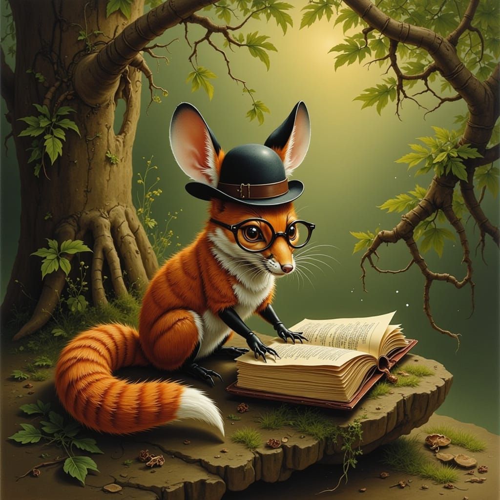 Fox Scholar in Bowler Hat Reads Ancient Tome in Sunlit Fores...