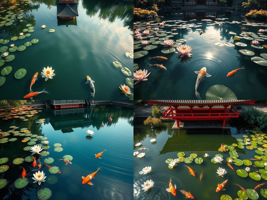 Zen Pond with Lotus and Temple Reflection