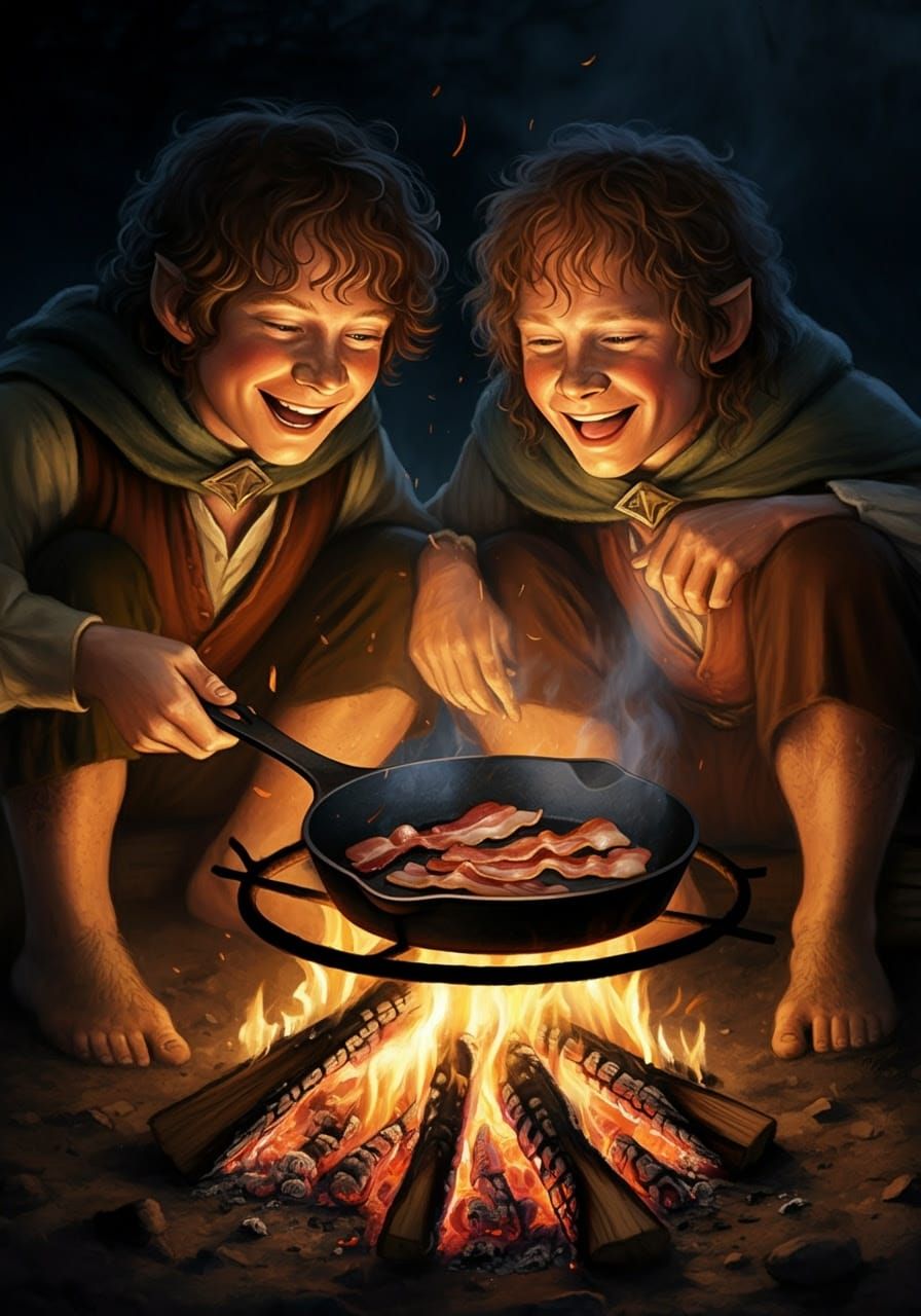 Hobbits Enjoy Sizzling Bacon by the Campfire
