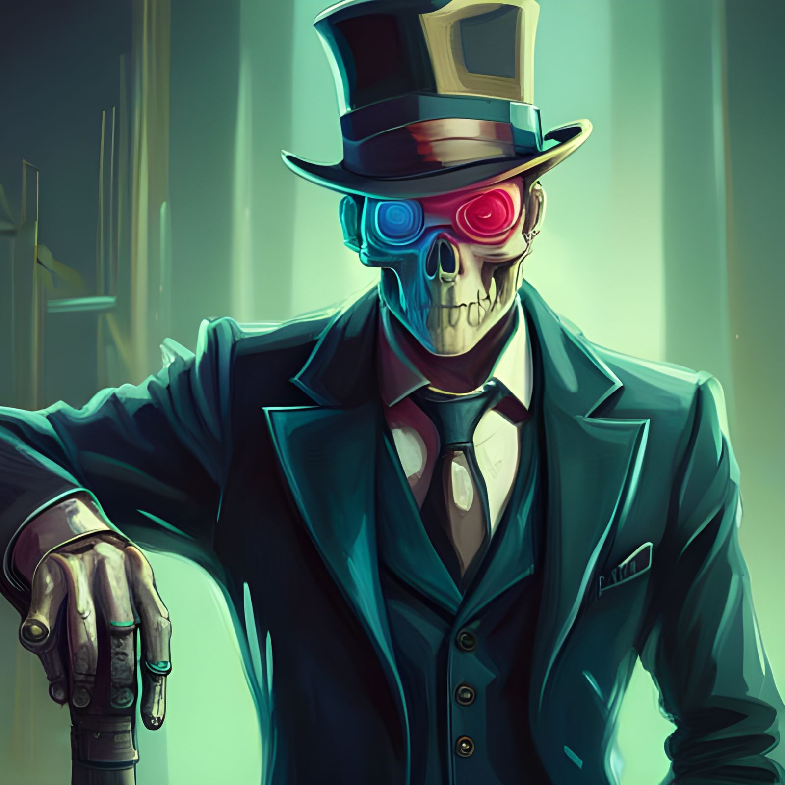 Elegant Skeleton Bowing in Cyberpunk Neon Style