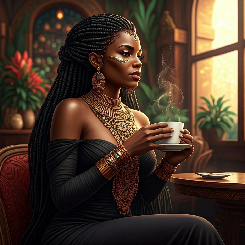 Black Amazonian Queen Sips Coffee in Enchanted Cafe