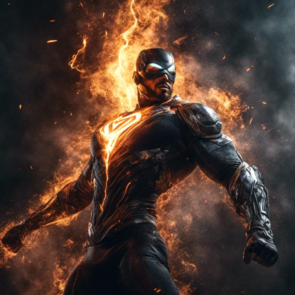 Levitating Superhero Amidst Electrical Storm