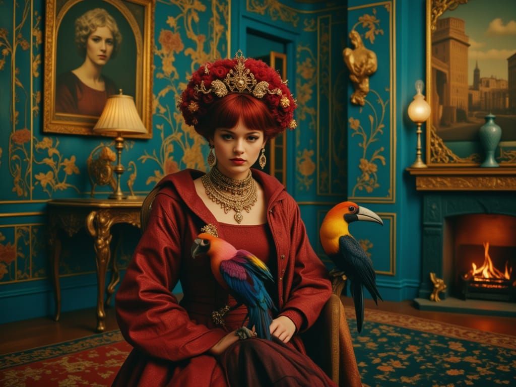 Red Baroness and Toucan Tea Party in Opulent Salon