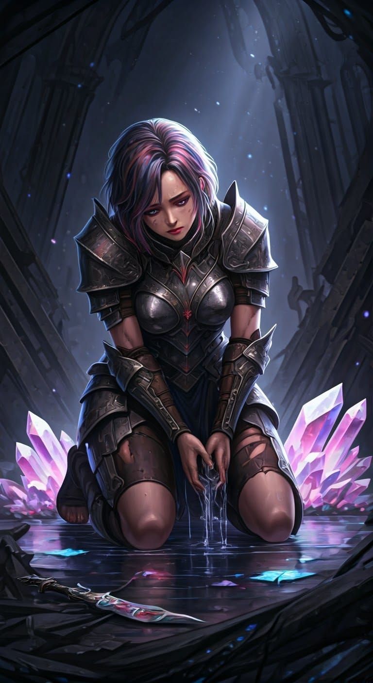 Victorious yet Vulnerable Warrior Maiden in a Ruined Oasis