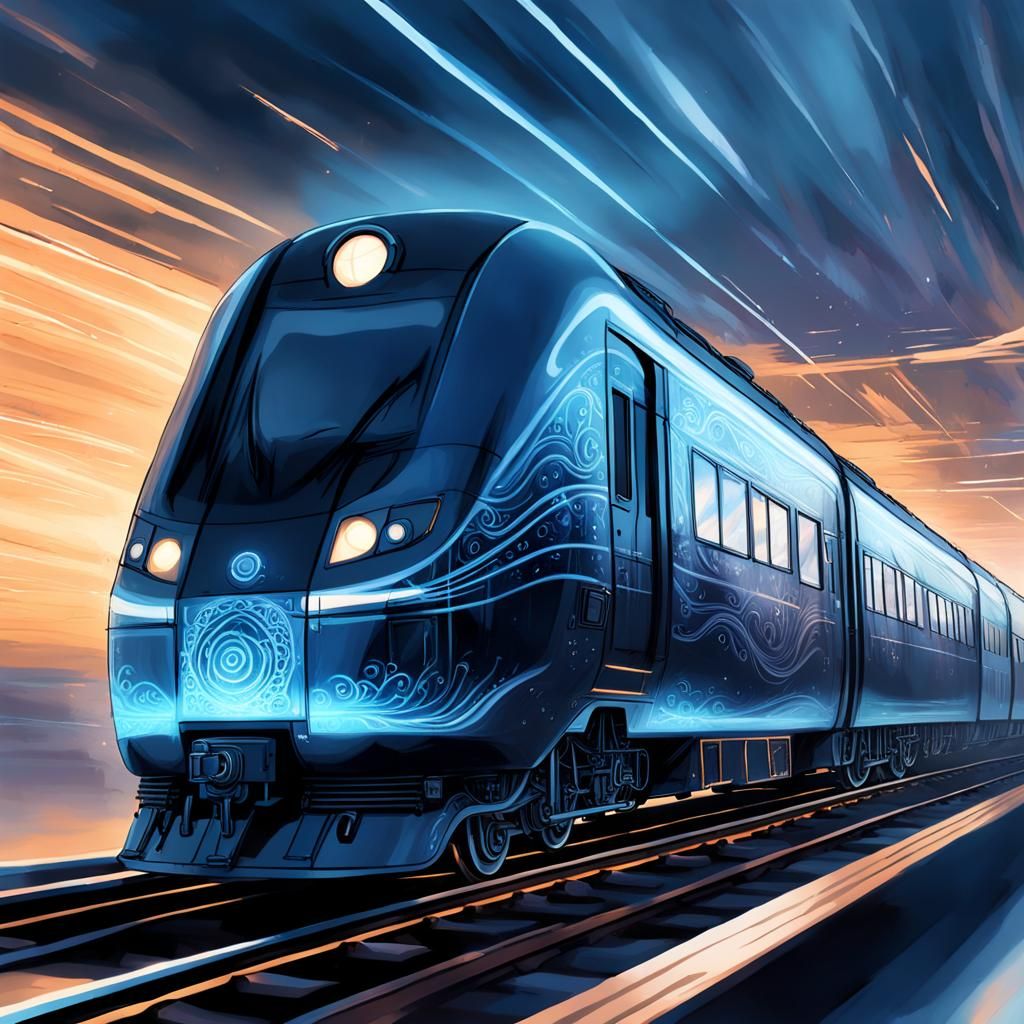 Spectral Train Glides Across Glowing Tracks in Dreamlike Twi...