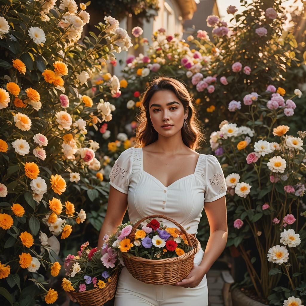 Curvy Woman With Flower Basket: Hyper-Realistic Portrait