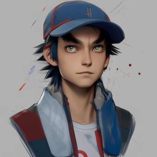 Grown-Up Ash Ketchum Portrait in Art Nouveau Style