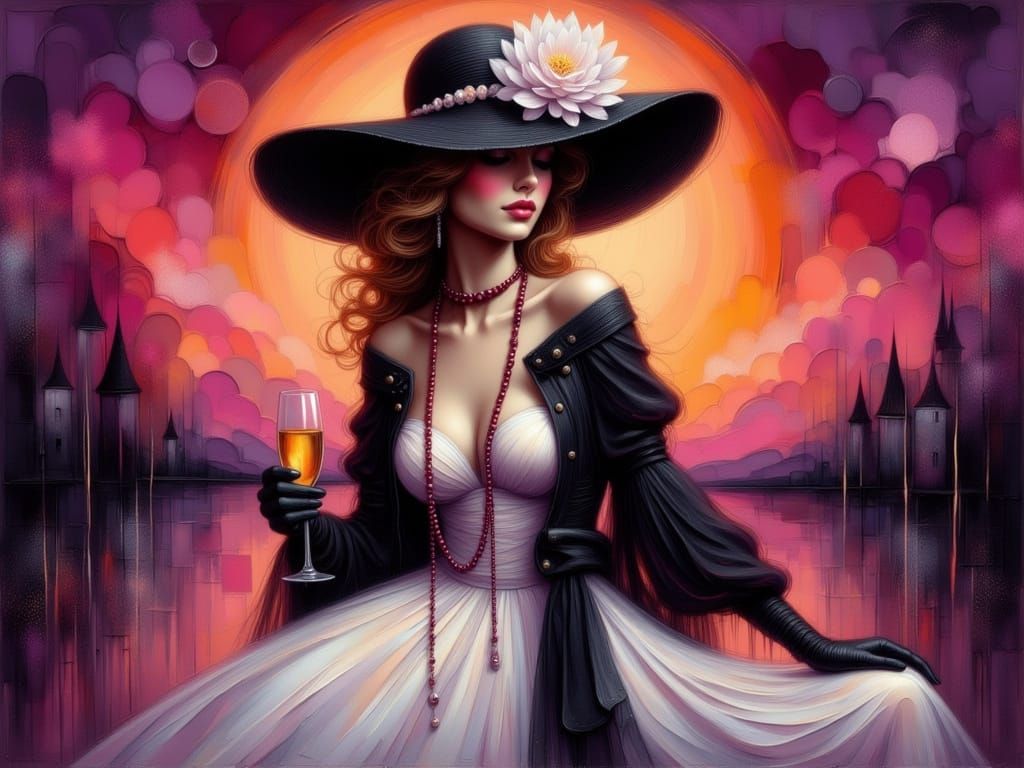 Elegant Woman in Black Hat with Champagne