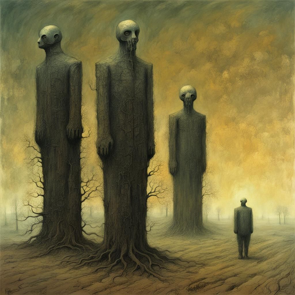 Dystopian Tin Men in Beksinski Style