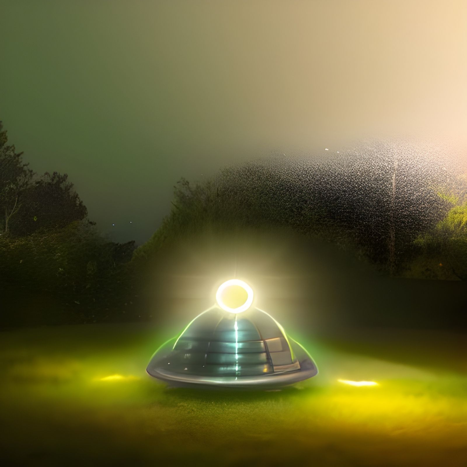 Alien Spaceship Lights Over Suburban Yard at Night
