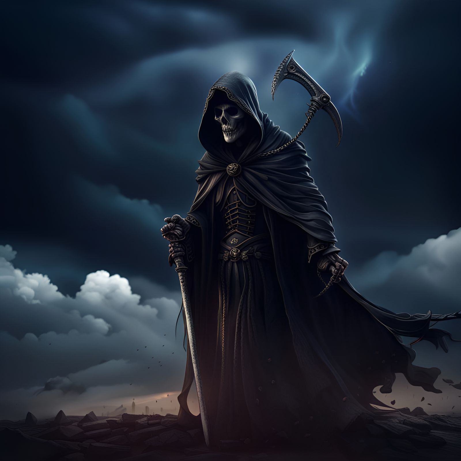 Grim reaper with dark sky and clouds in the background