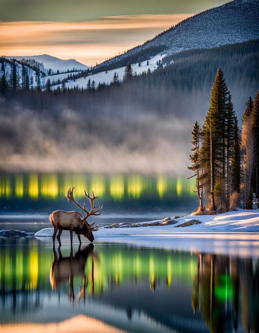 Elk Gaze: Crystalline Reflection Under Aurora Borealis
