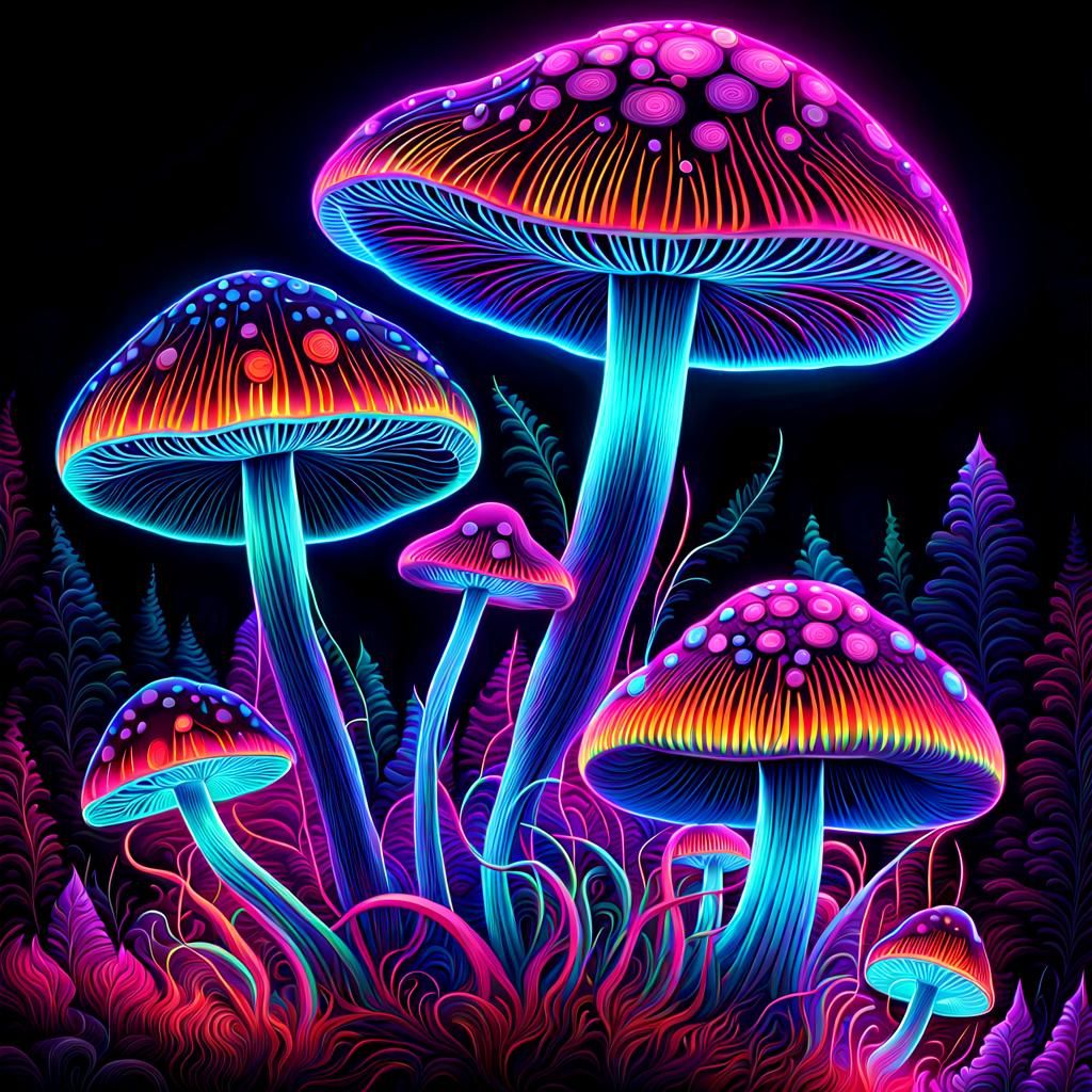 Glowing Psychedelic Mushroom in Neon Cyberpunk Style