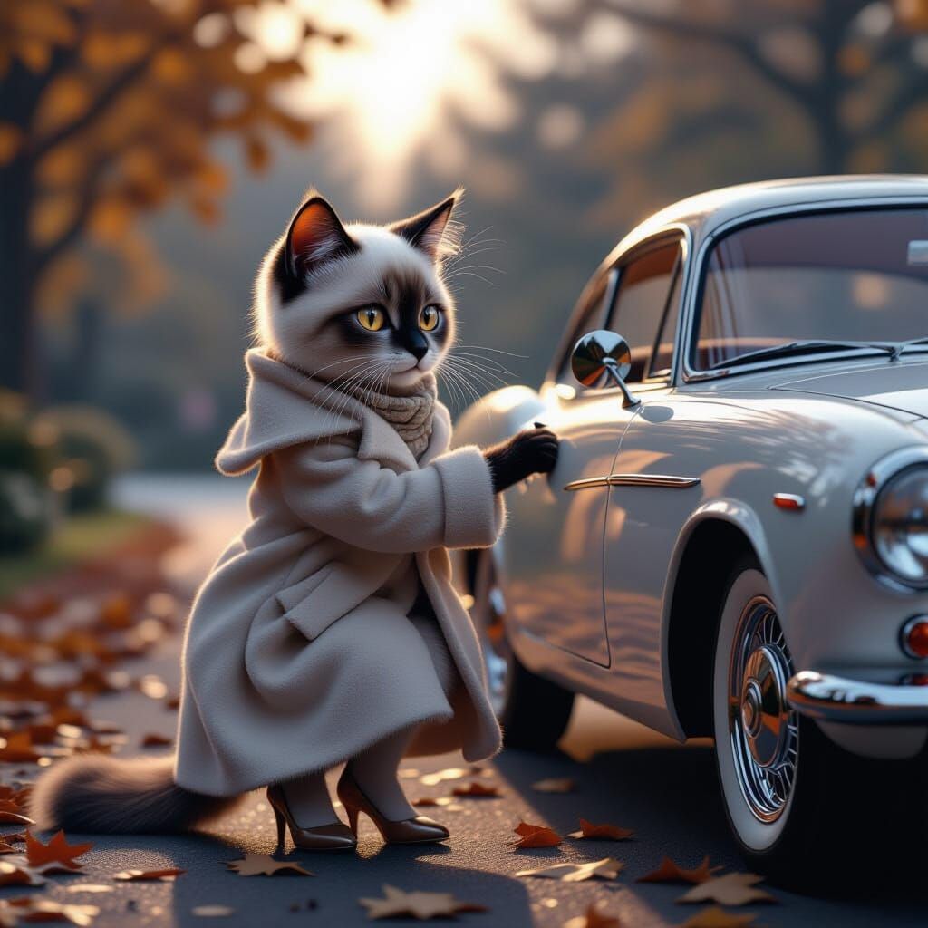Siamese Kitten Adjusts Vintage Car Mirror at Dusk