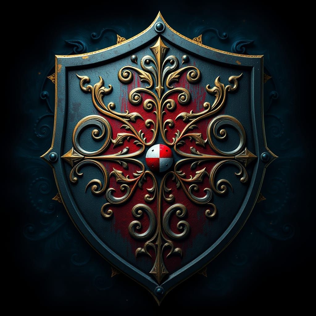 Medieval Fantasy Shield with Swirling Patterns and Golden Ac...