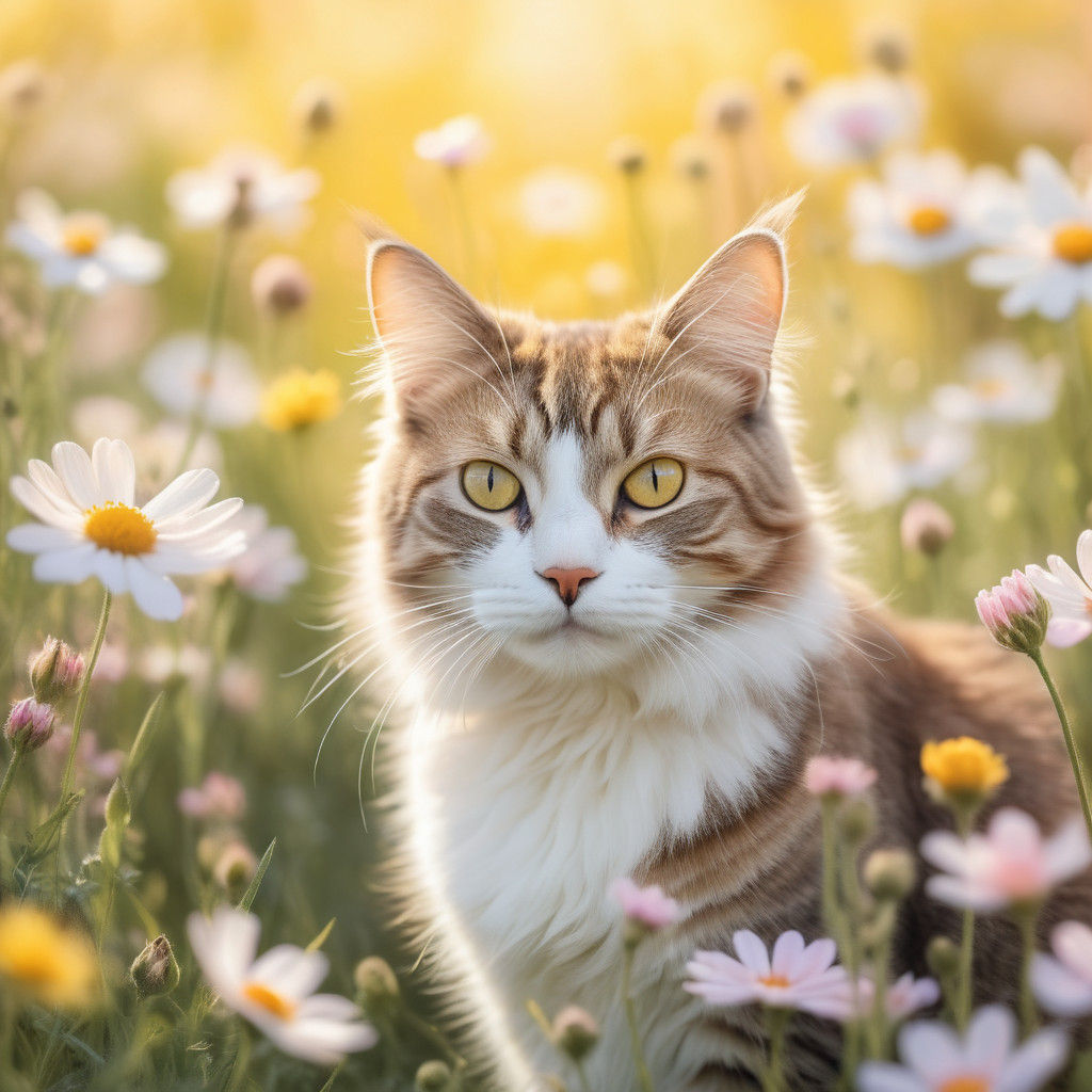 Whimsical Cat in a Field of Blooms