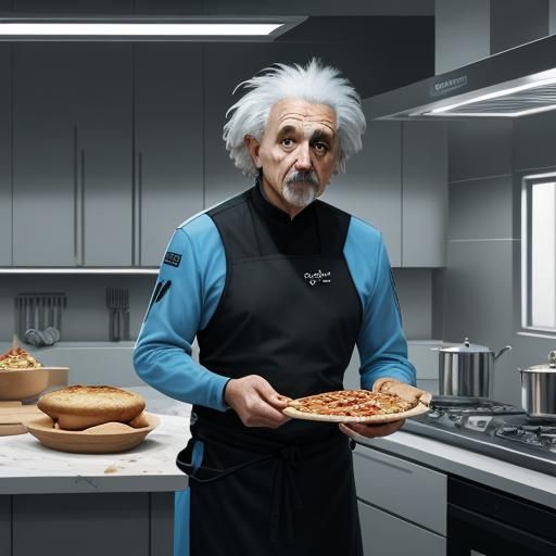Einstein and Spock Share Pizza in Futuristic Kitchen