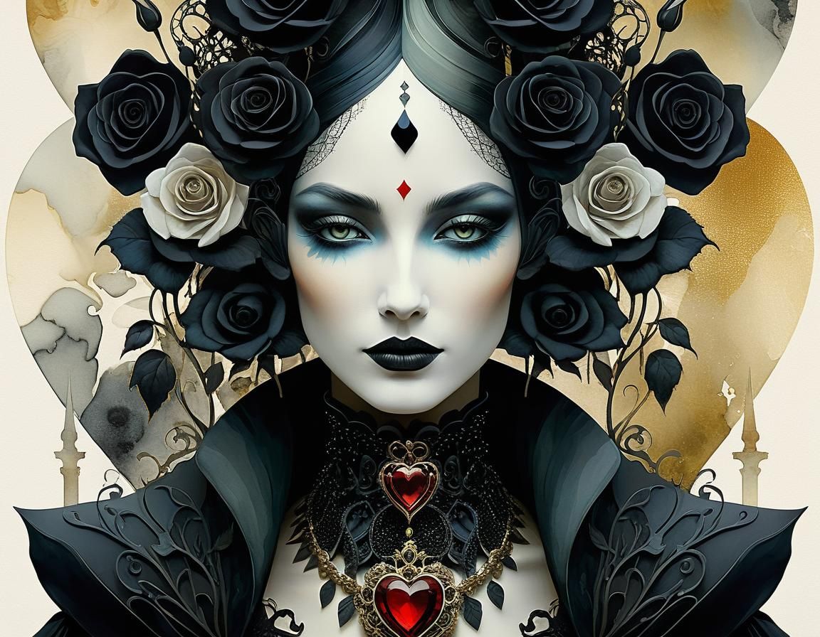 Queen of Black Hearts in Whimsical Illustration Style