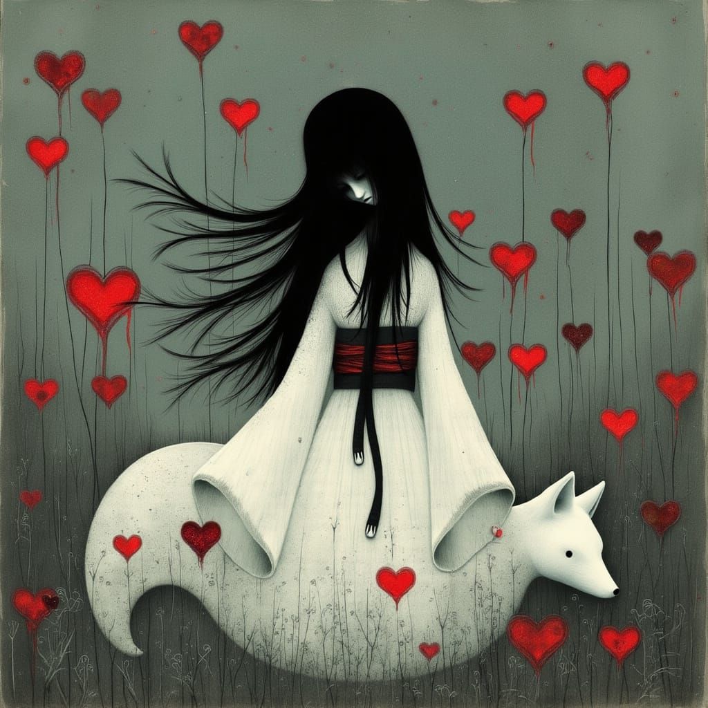 Ethereal Japanese Ghost With White Fox and Biomechanical Ele...