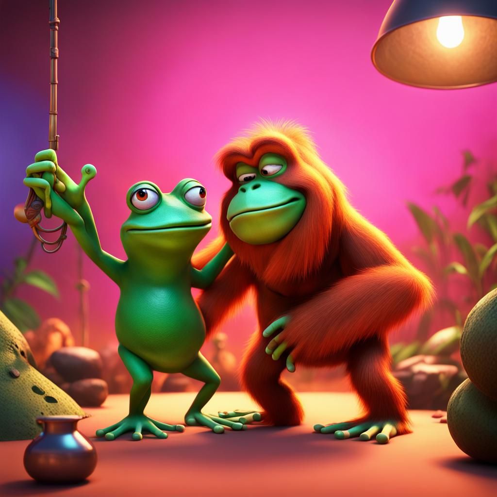 Frog Arresting Orangutan: 3D Rendered Concept Art