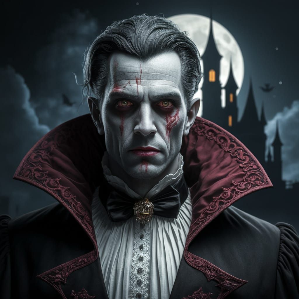 Surreal Hyper Realistic Vampire in Spooky Attire under Moonl...