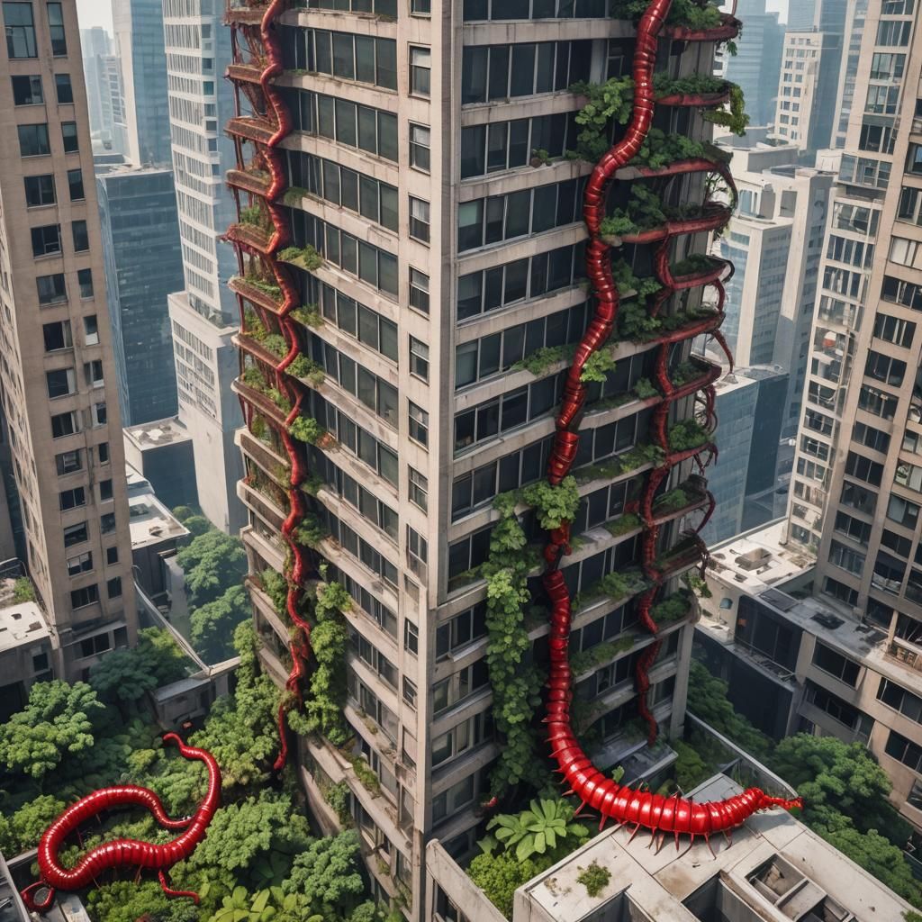 Giant Centipede in Overgrown Dystopian City
