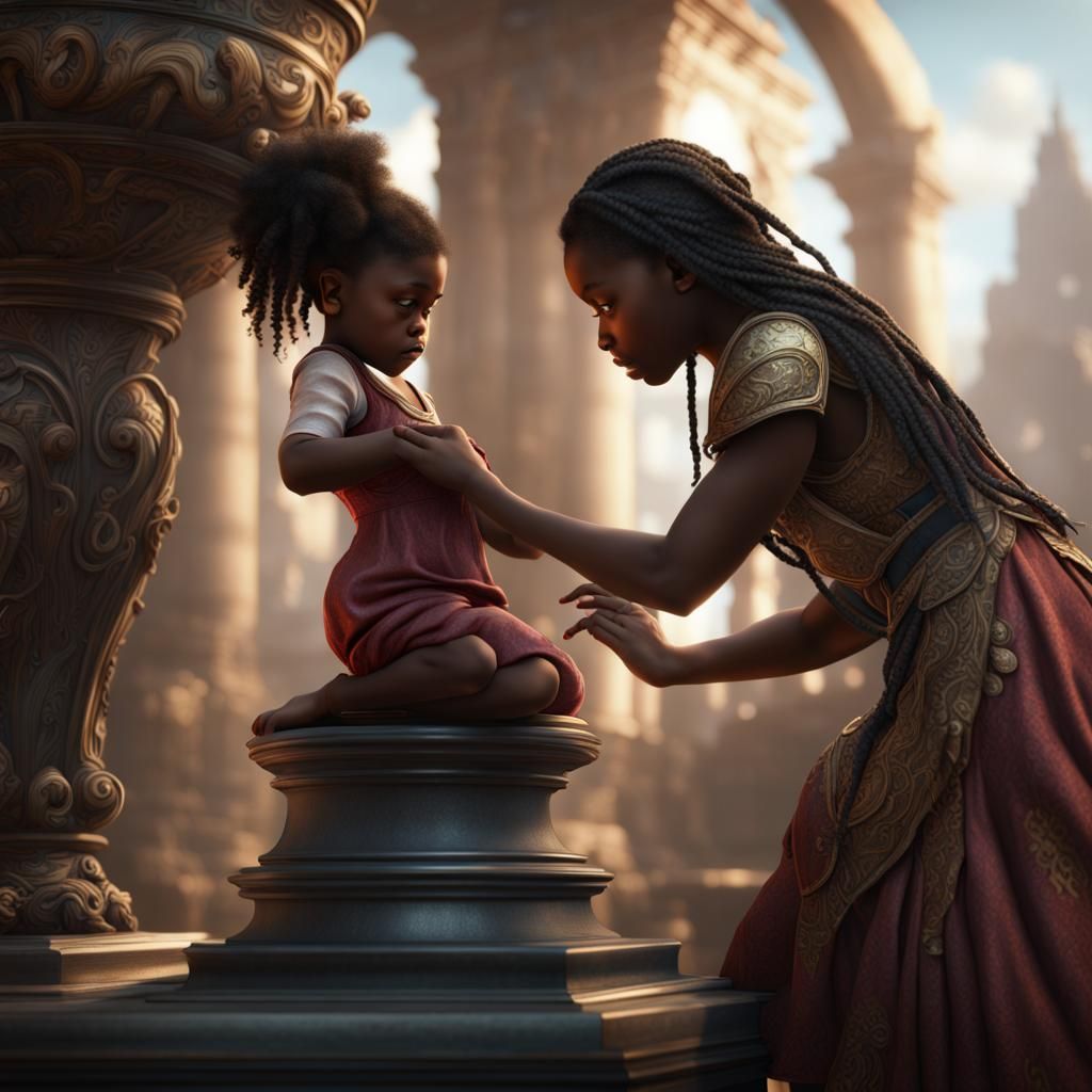 Woman Helping Girl: Detailed Matte Painting