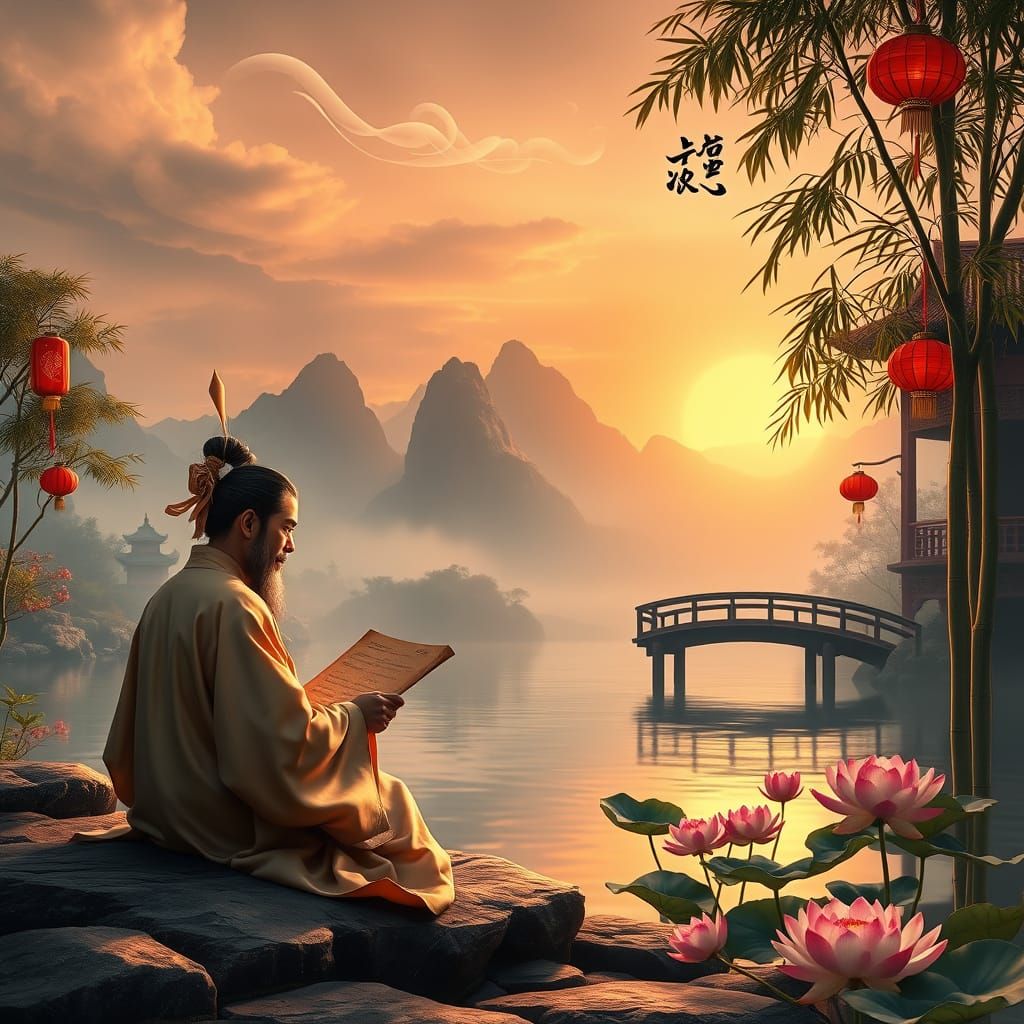 Ancient Chinese Scholar in Serene Sunrise Landscape