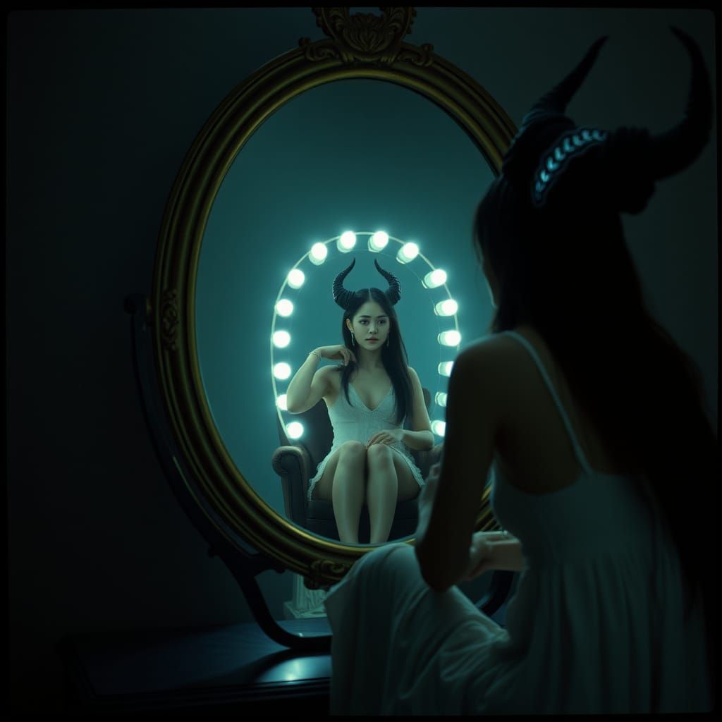 Cinematic Portrait: Woman and Her Demonic Reflection