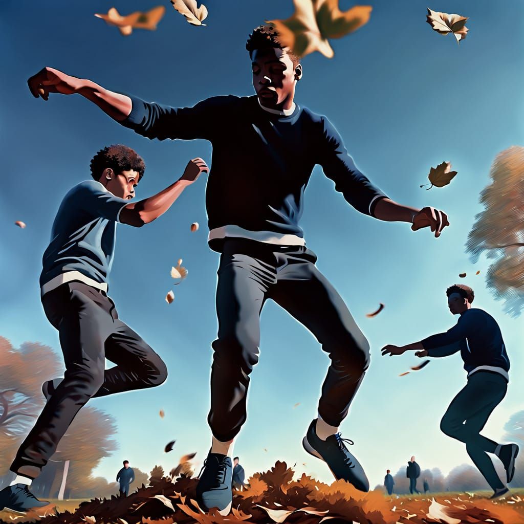Young Men Kick Dead Leaves in Park in Perugino Style