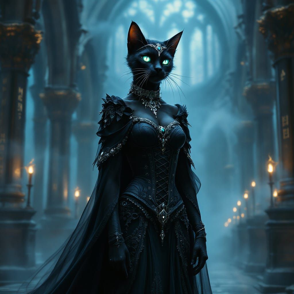 Gothic Cat Sorceress in Ancient Cathedral