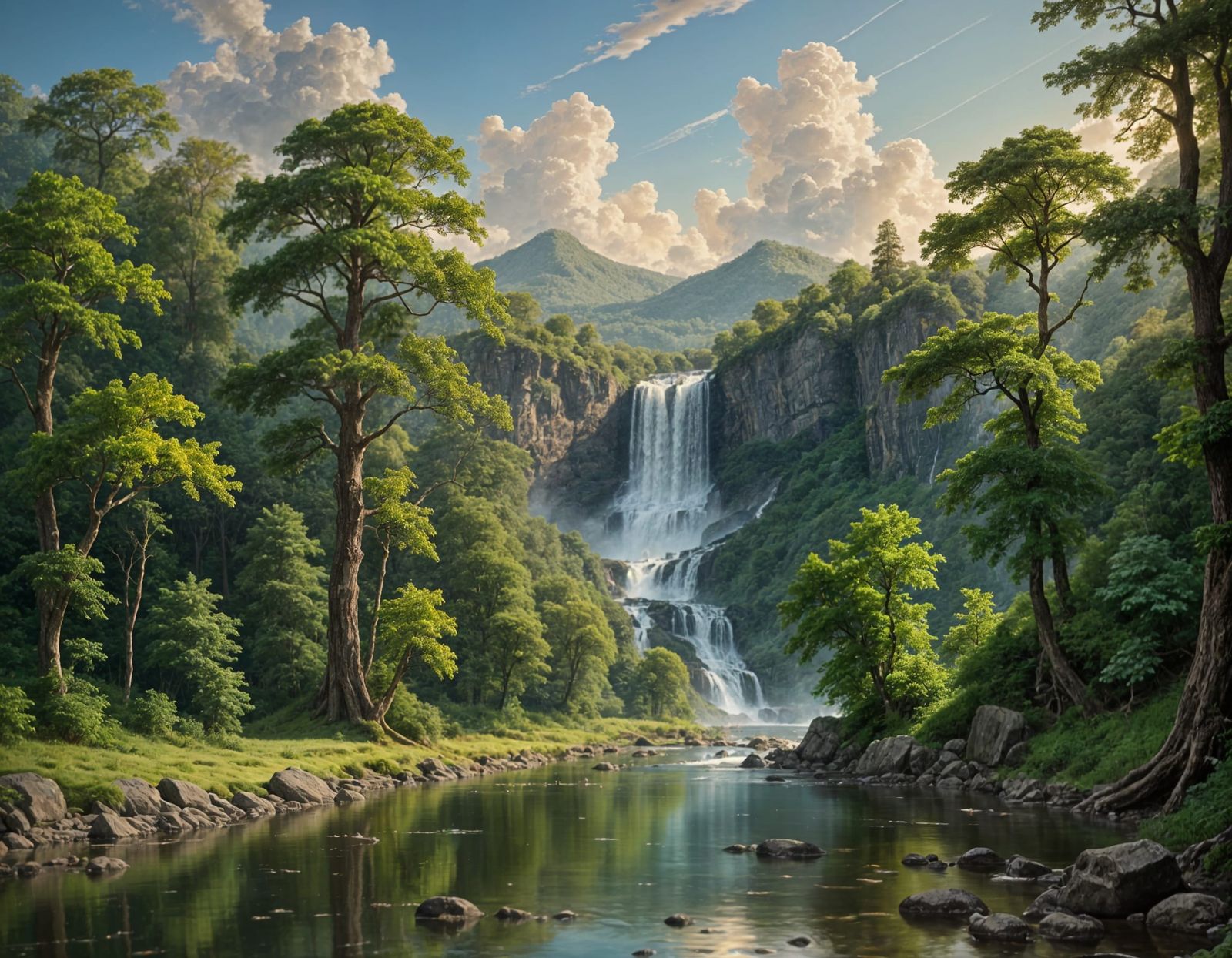 Majestic Tree with Waterfalls and Peach Fruits in Lush Green...