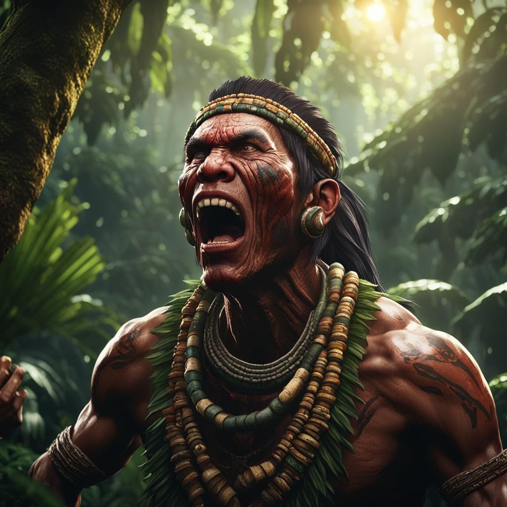 Tribal Person Shouting in Jungle: 3D Cinematic Graphics