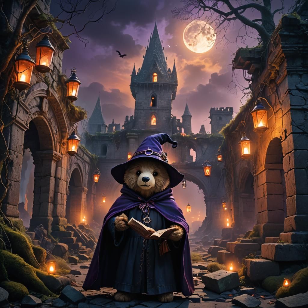 Teddy Bear Witch in Dark Fantasy Ruins