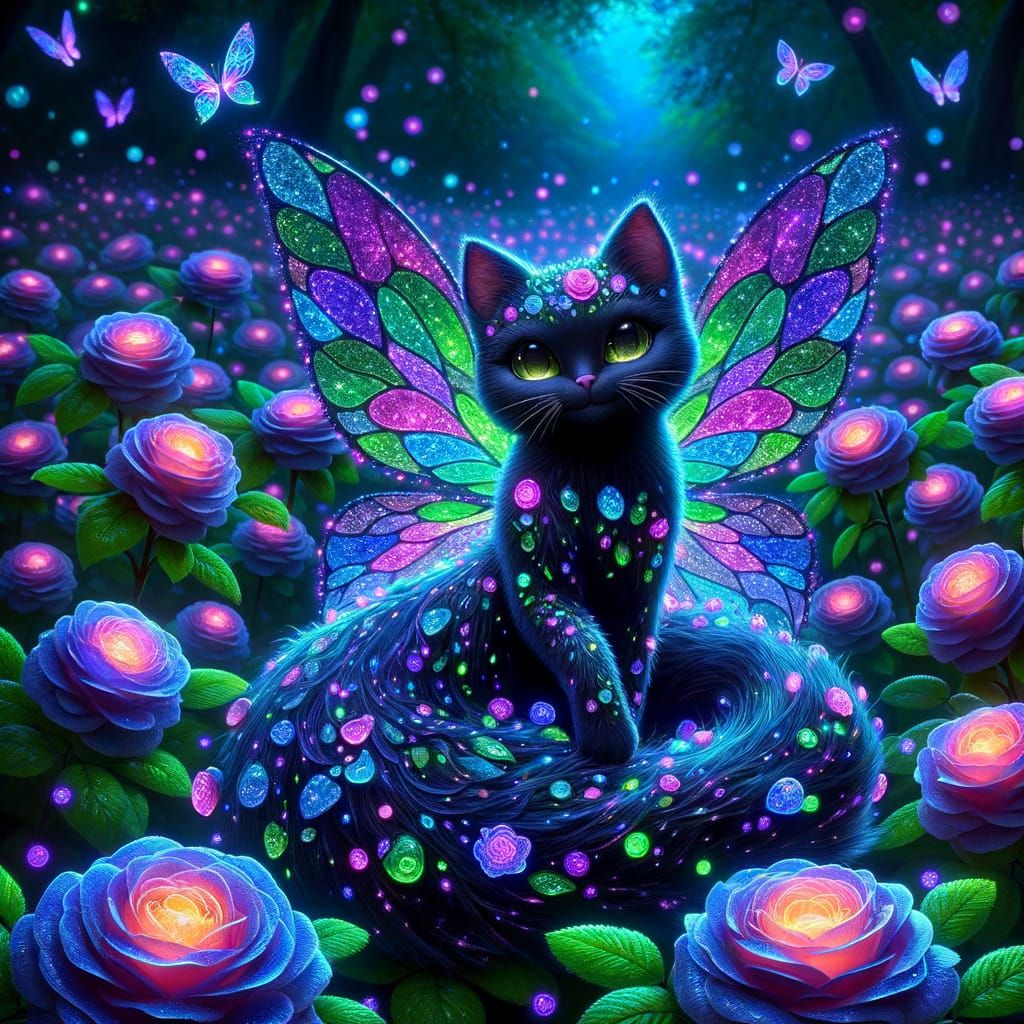 Cat Fairy in Bioluminescent Rose Garden at Twilight