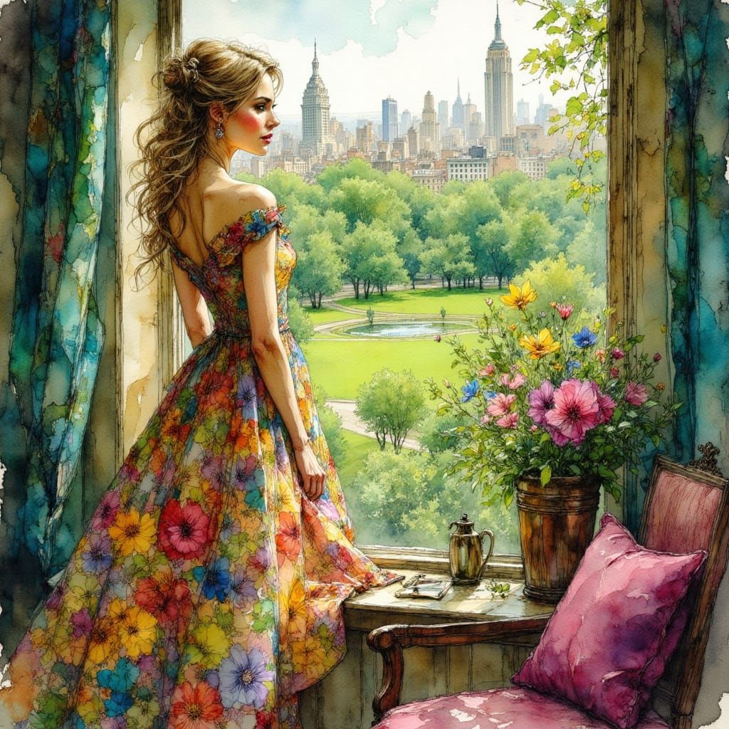 Woman in Floral Dress Overlooking Central Park, Photorealism