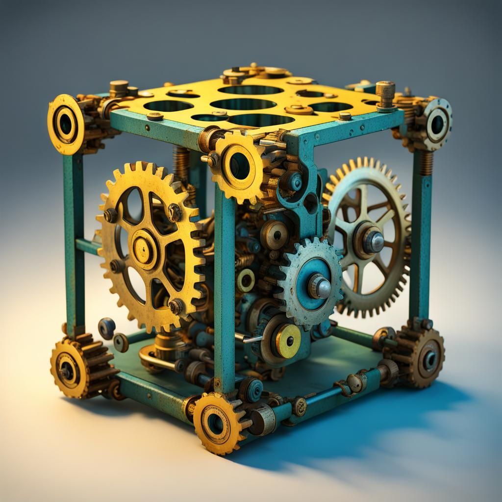 Steampunk Mechanical Tree Inside Metal Cube