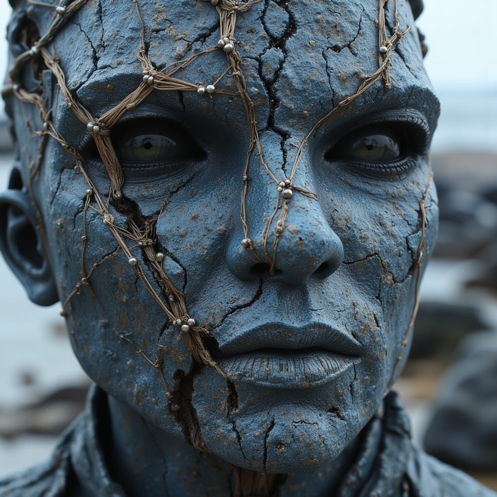 Dark Stone Face Sculpture with Twine Detail