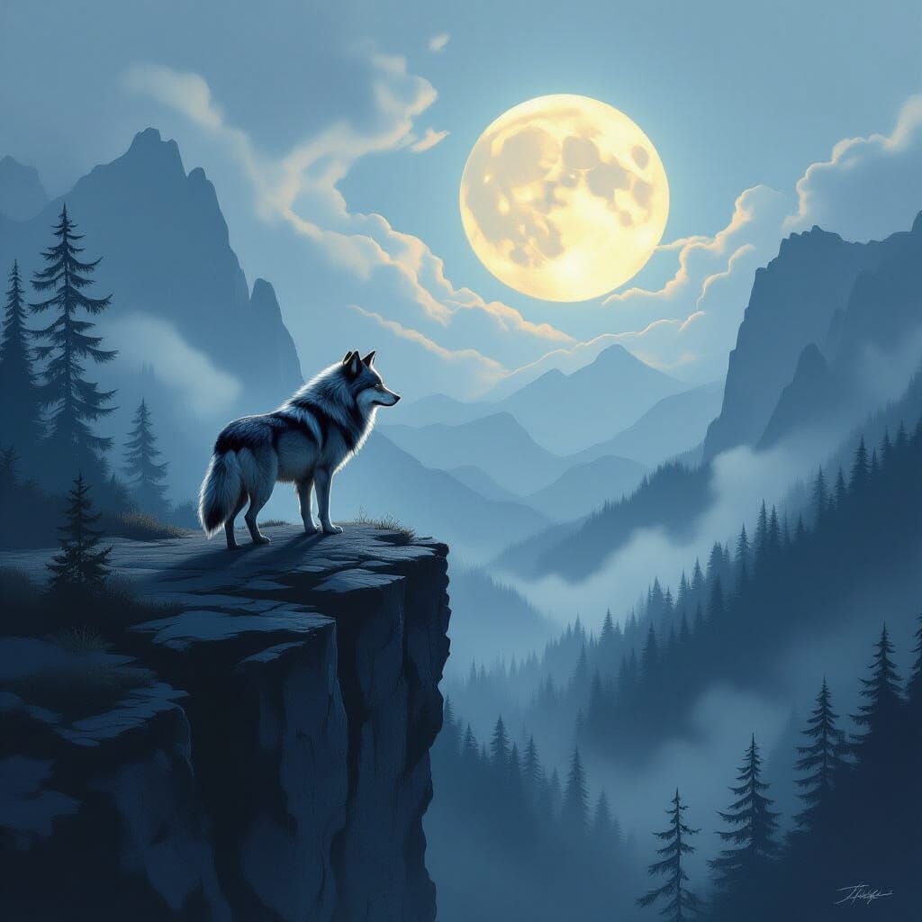 Solitary Wolf on Cliff Overlooking Ancient Forest