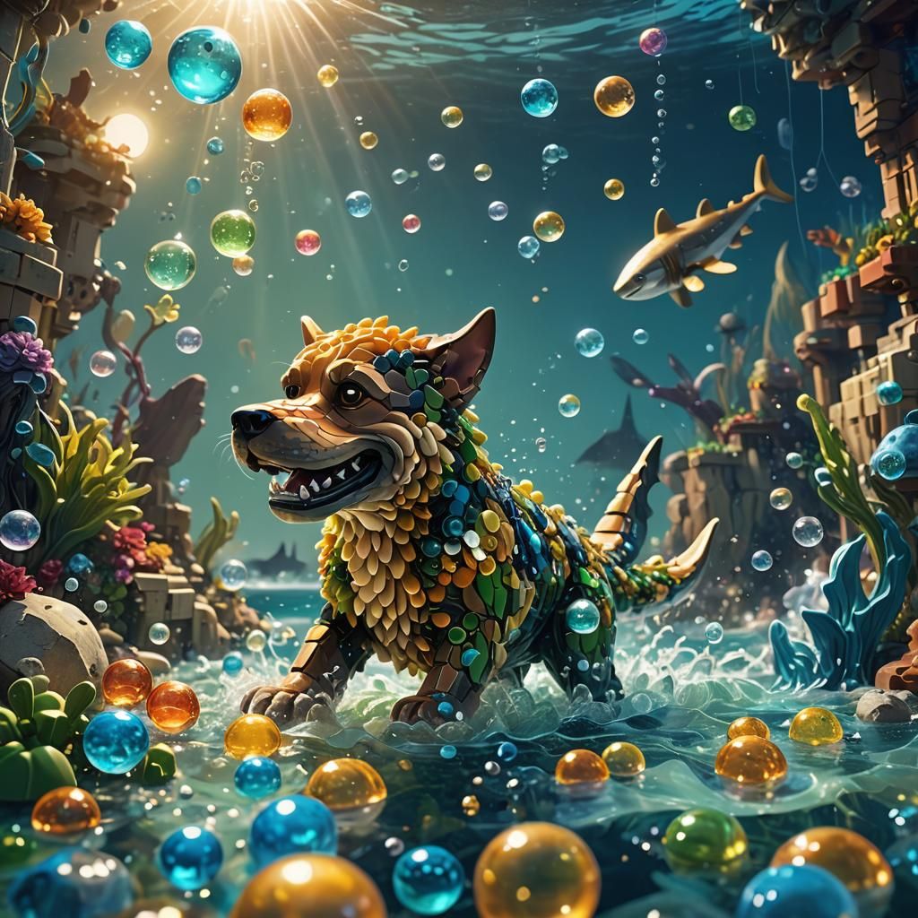 Lego Hybrid Creature Plays in Bioluminescent Seascape